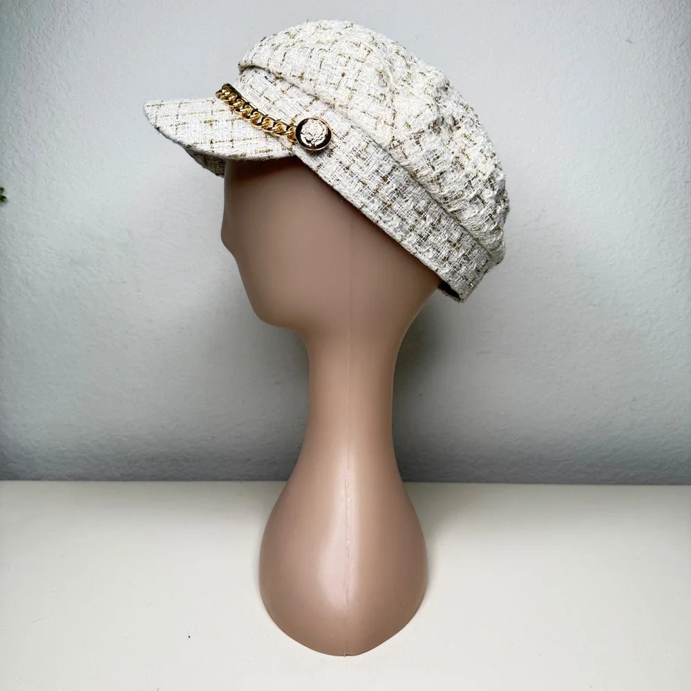 Unbranded Newsboy Cap Women Ivory Gold Tweed Chain Baker Boy Hat One Size